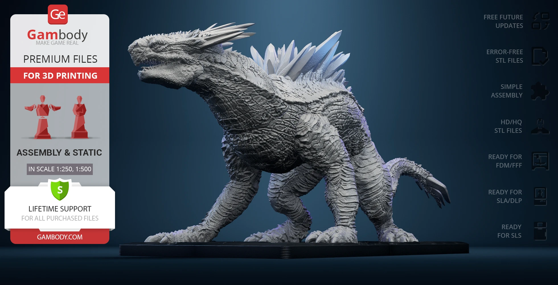 A detailed 3D model of a textured, spiky kaiju creature posed on a display base.