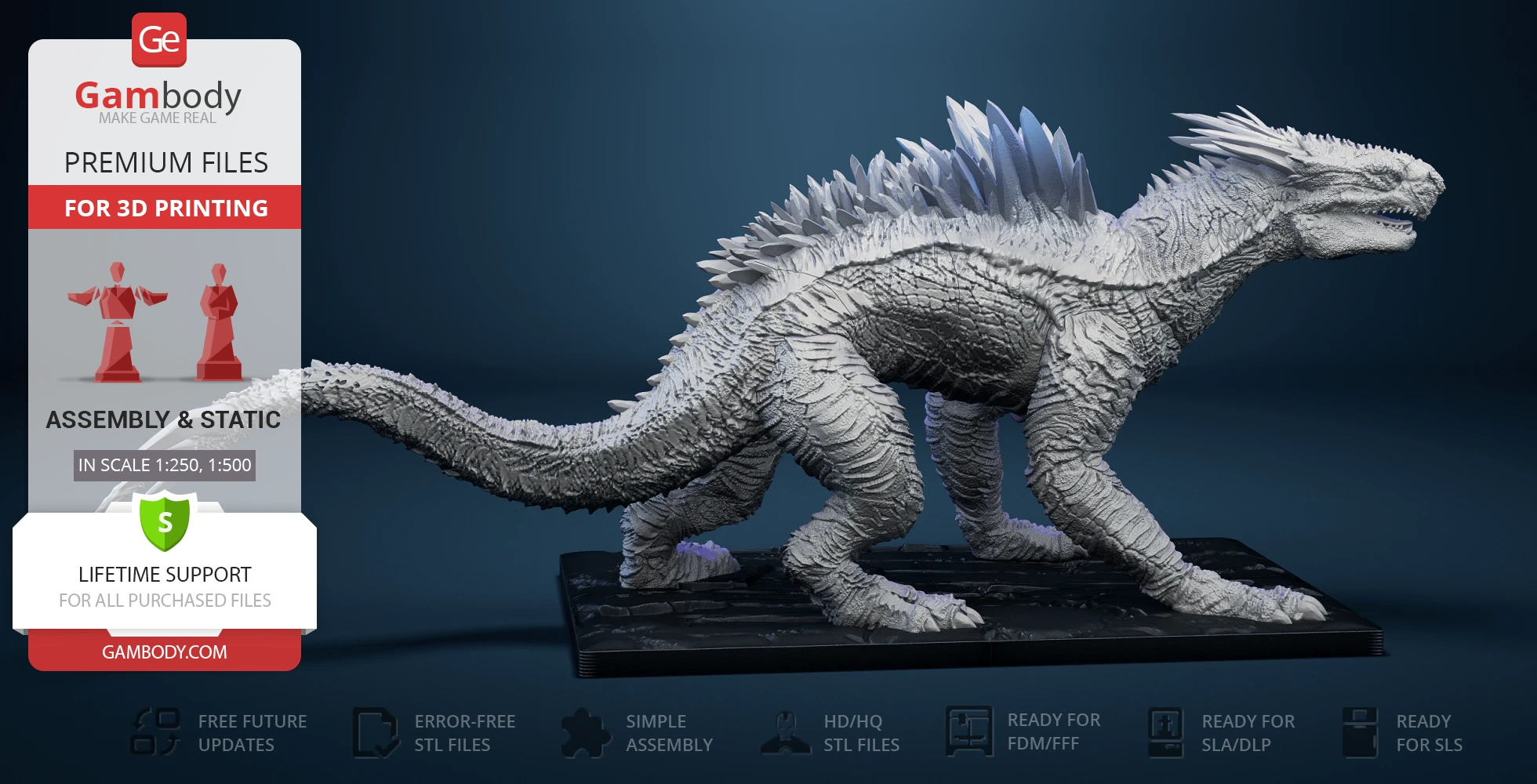 A detailed 3D model of a spiky, reptilian kaiju creature on a display platform.
