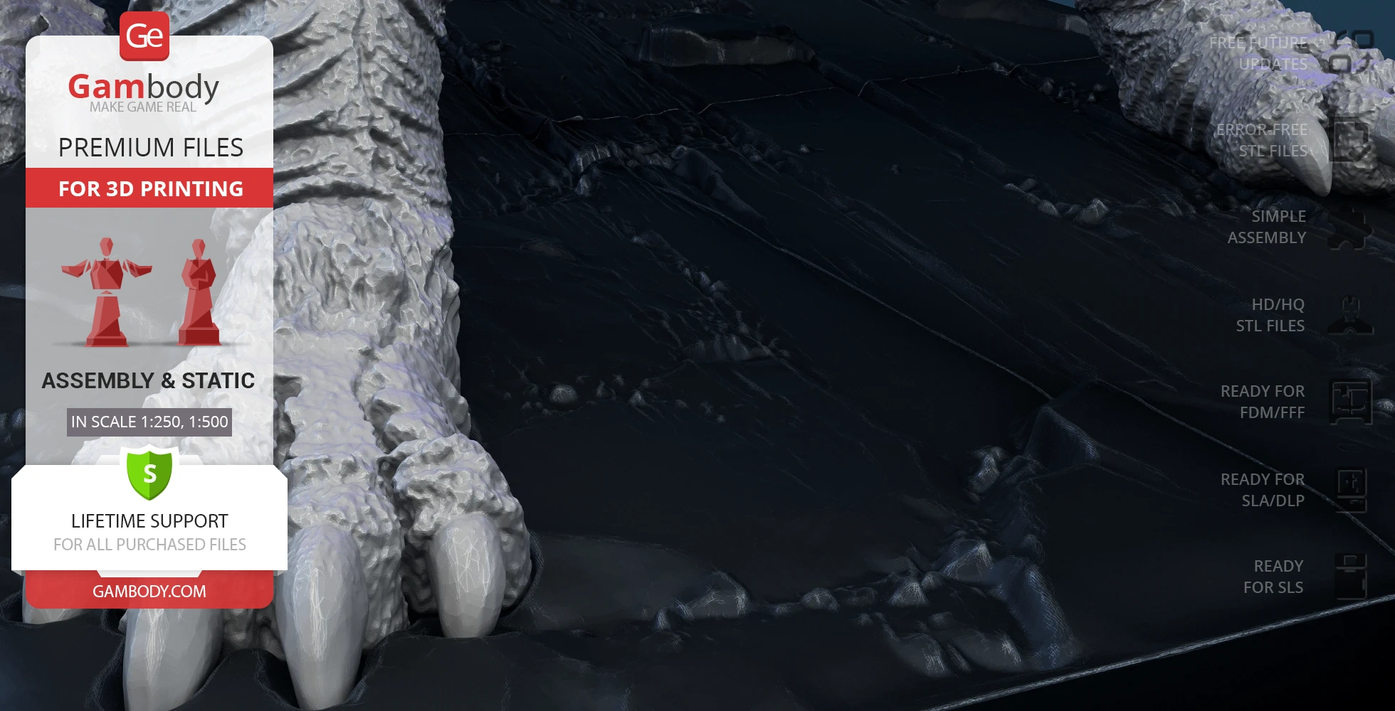 Close-up of a textured kaiju foot on a dark surface, with 3D printing file information on the left.