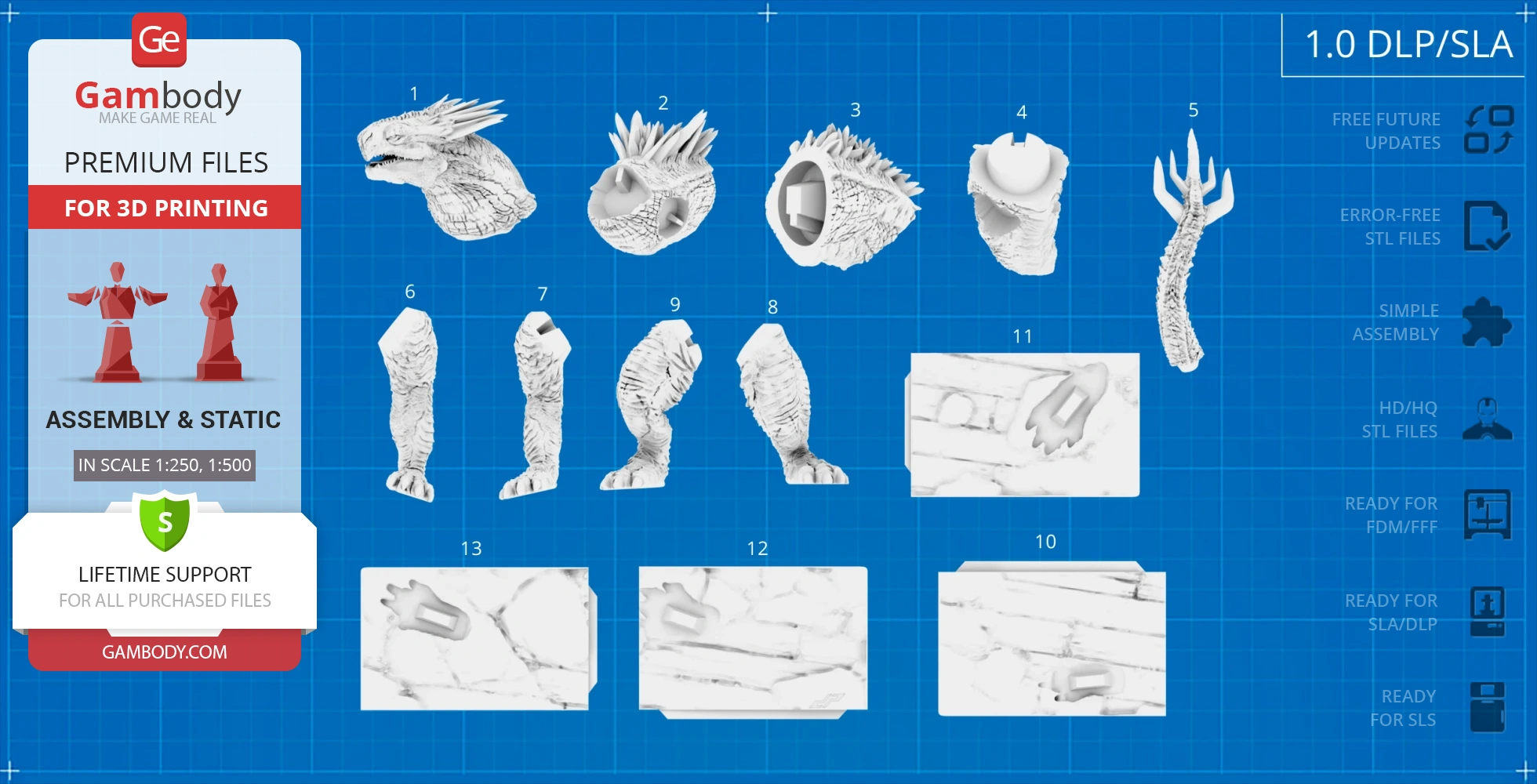 Kaiju 3D model parts on blueprint background, labeled for assembly and 3D printing with Gambody support info.