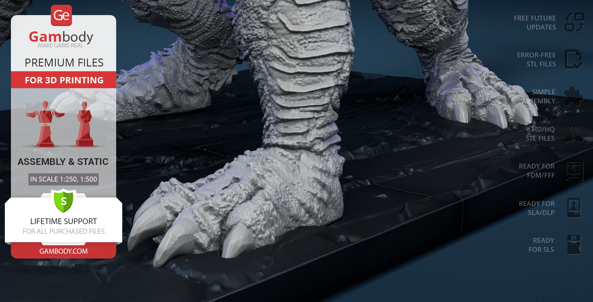Detailed close-up of textured claws and feet of a kaiju creature on a display base.