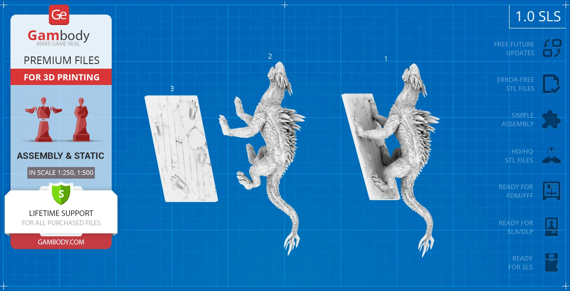 Three 3D models of a spiky, lizard-like kaiju creature in different poses on blue background.