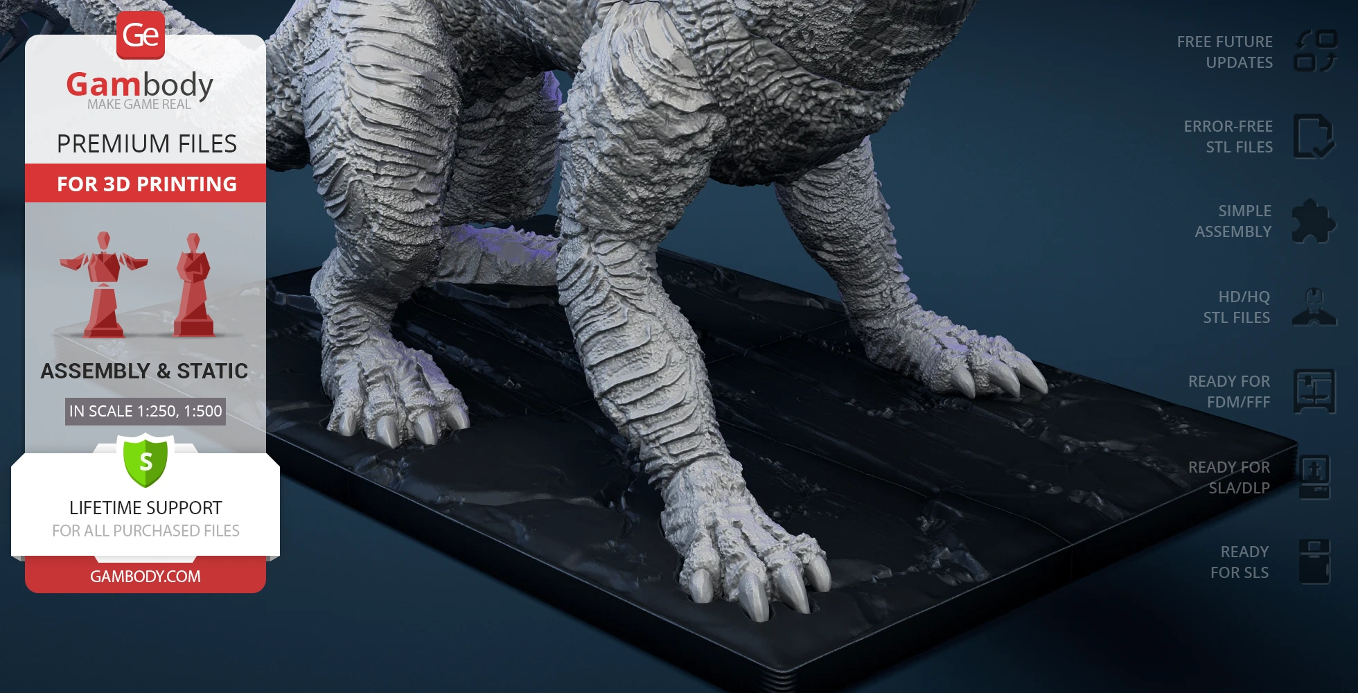 Close-up of detailed kaiju feet on a textured base, designed for 3D printing with high-quality STL files.