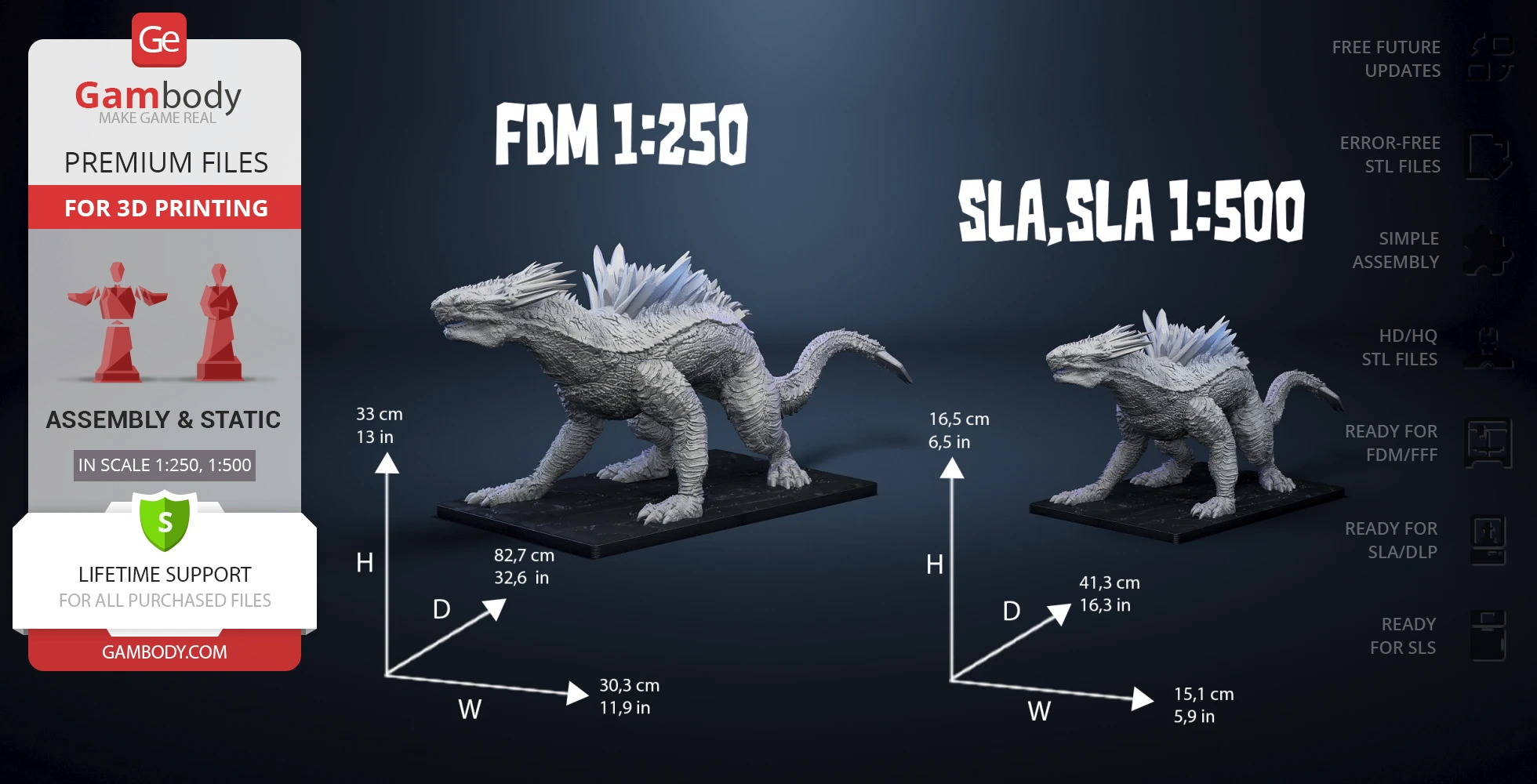 Two detailed Shimo Kaiju 3D models on bases, showing different scales for 3D printing.