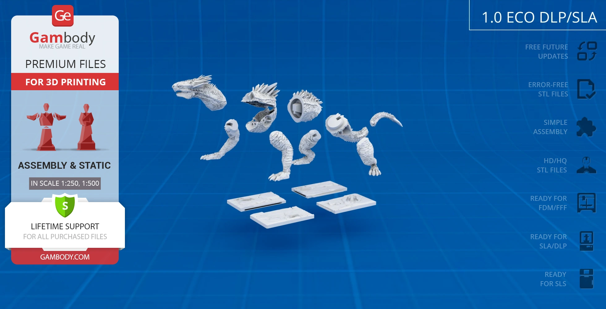 3D model of a kaiju with separate parts for assembly; head, limbs, and base sections are visible.
