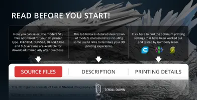 Text overlay on textured background, providing 3D printing guidance and links to STL files on Gambody.