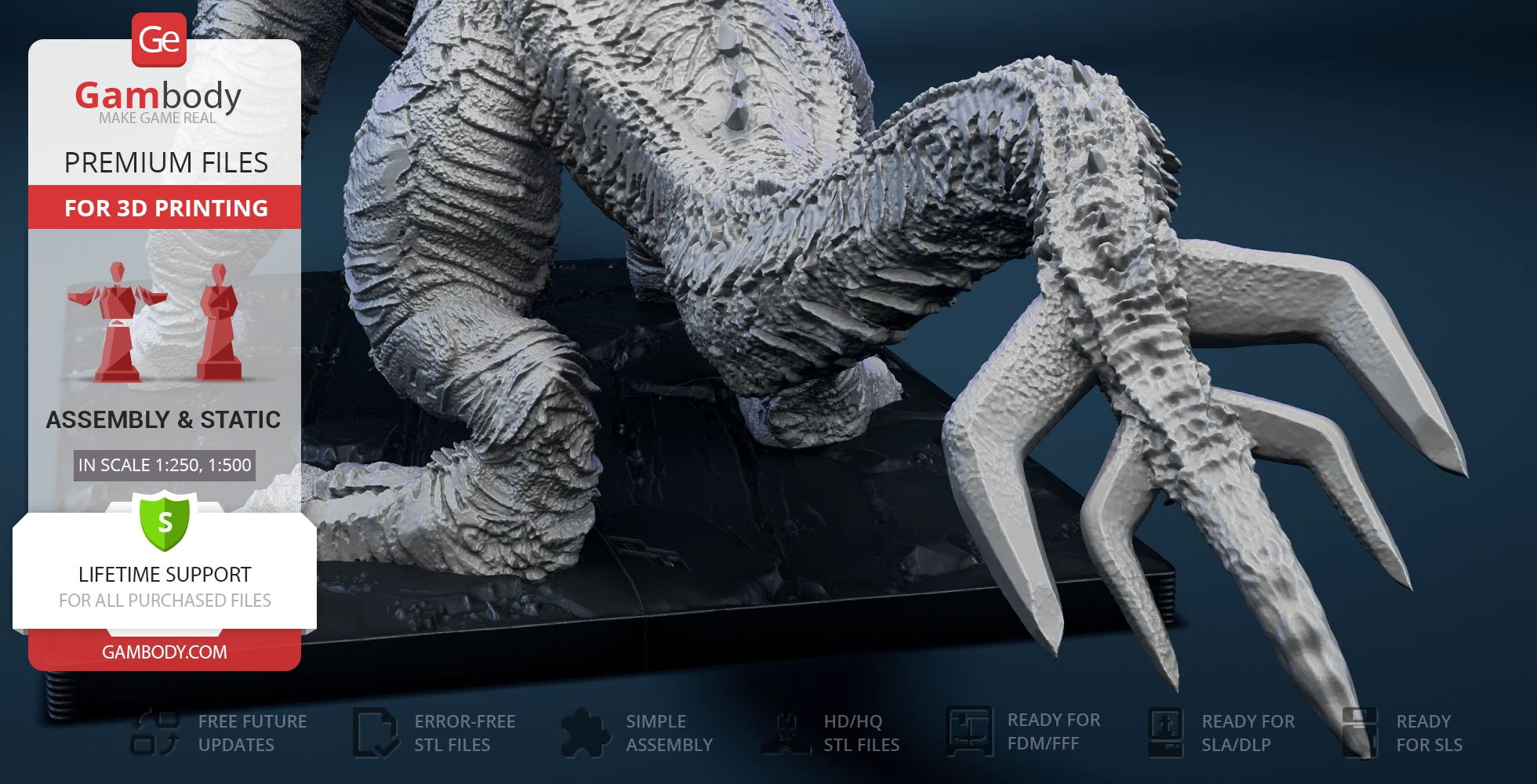 A textured Kaiju claw rests on a base, detailed for 3D printing with premium STL files from Gambody.