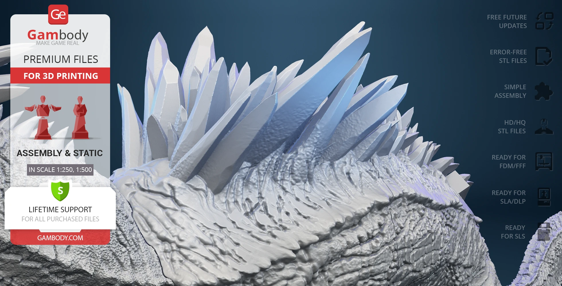 A detailed 3D model of Shimo Kaiju with icy crystal spikes on a textured surface.