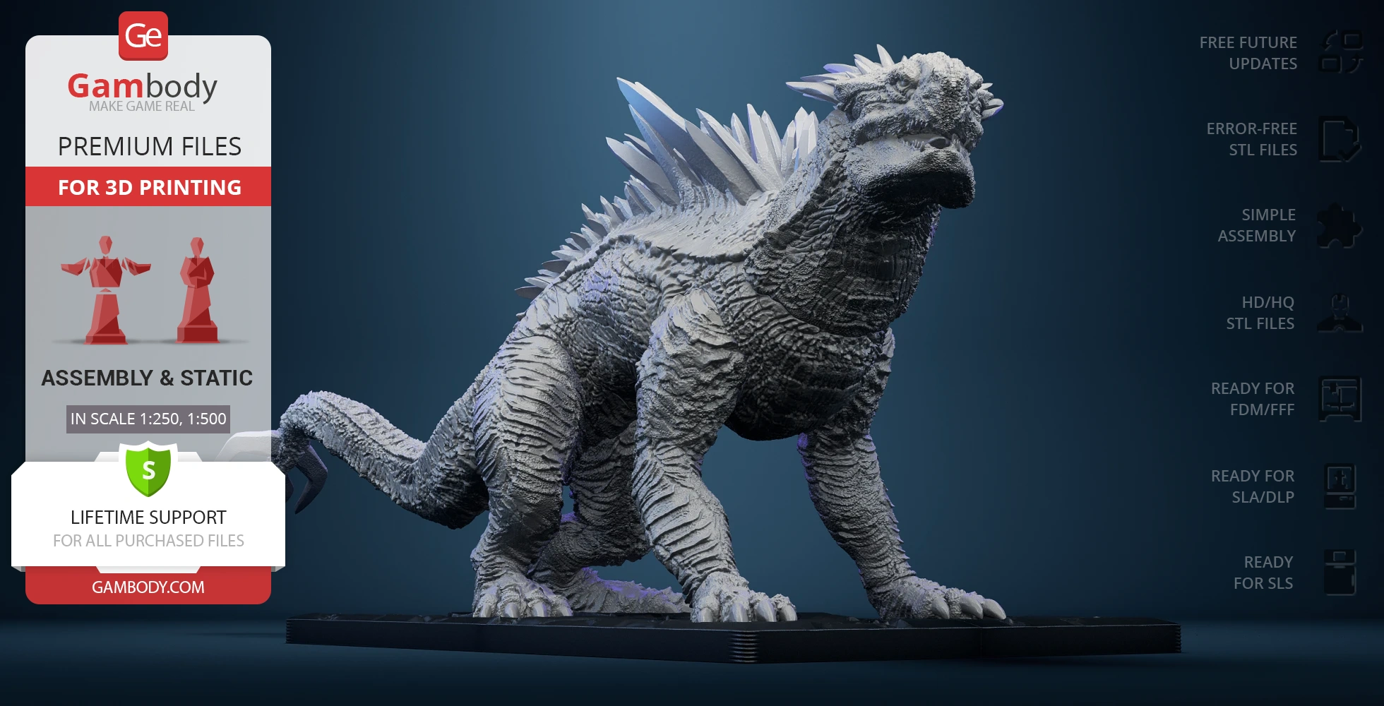 A detailed 3D model of a textured, spiky kaiju creature, posed on a base for printing.