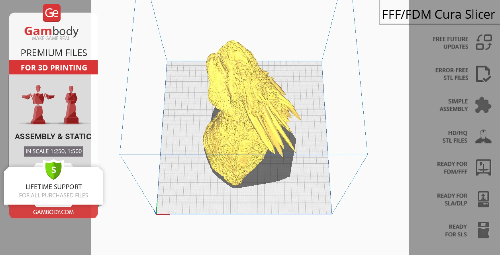 A detailed 3D model of a kaiju head with spikes, ready for printing in yellow STL format.