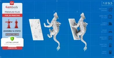 Three 3D models of a spiky, lizard-like kaiju creature in different poses on blue background.