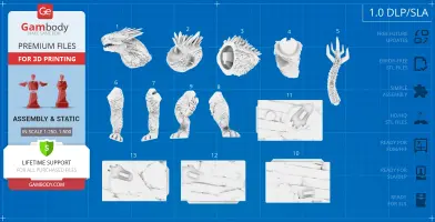 Kaiju 3D model parts on blueprint background, labeled for assembly and 3D printing with Gambody support info.