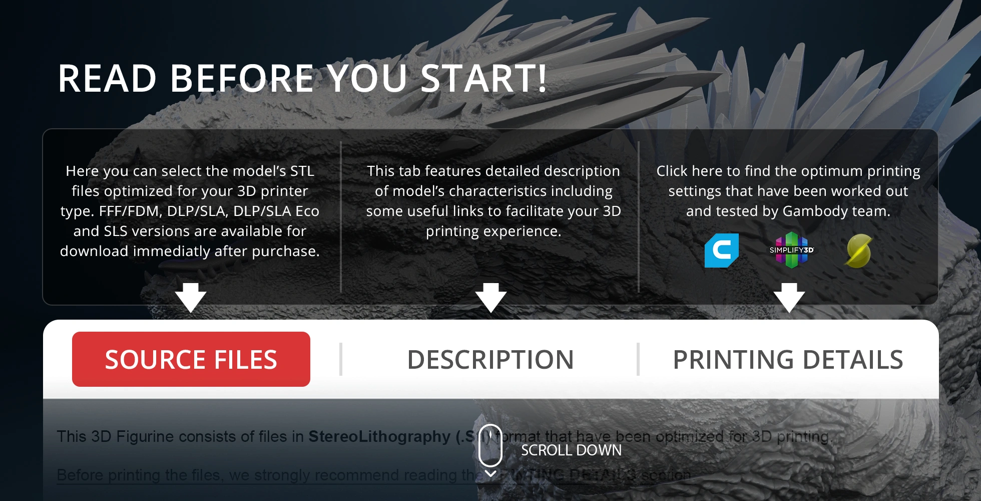 Text overlay on textured background, providing 3D printing guidance and links to STL files on Gambody.