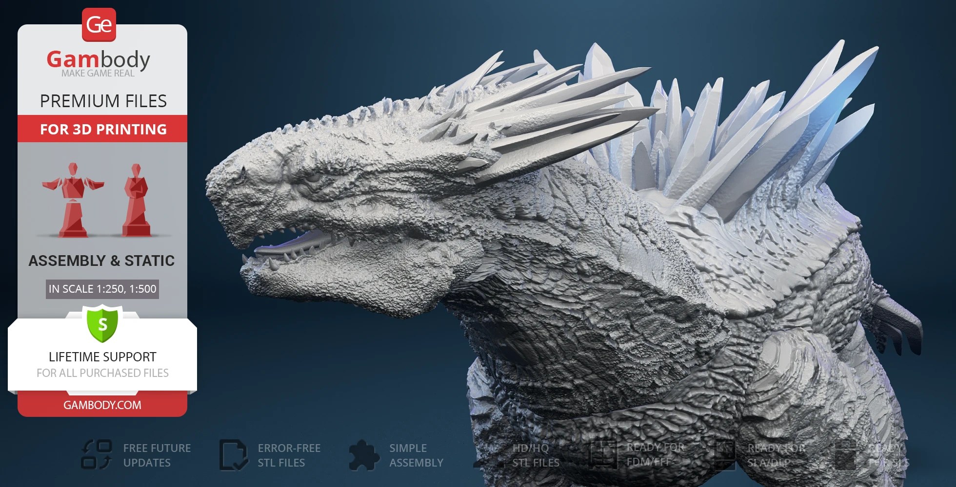 A detailed 3D model of a kaiju with textured skin and sharp, crystal-like dorsal spikes.