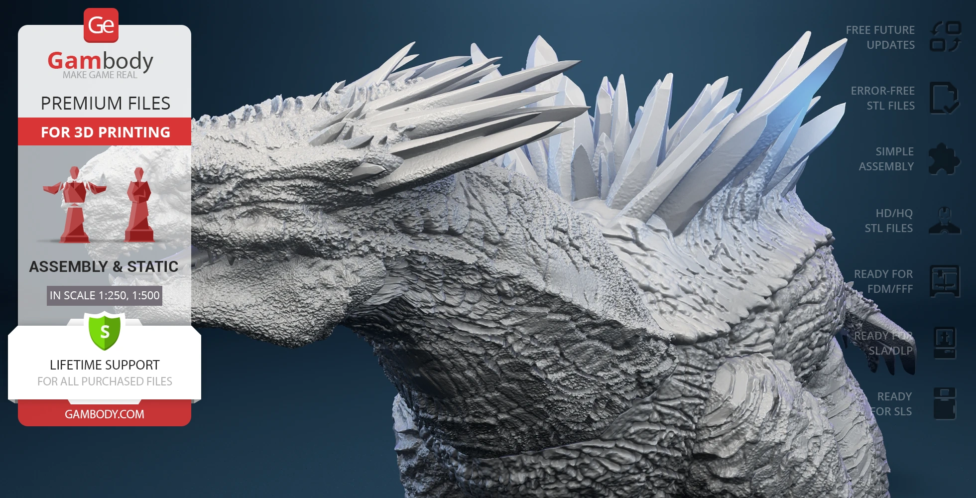 Detailed 3D model of a textured kaiju creature with sharp dorsal spikes for 3D printing.