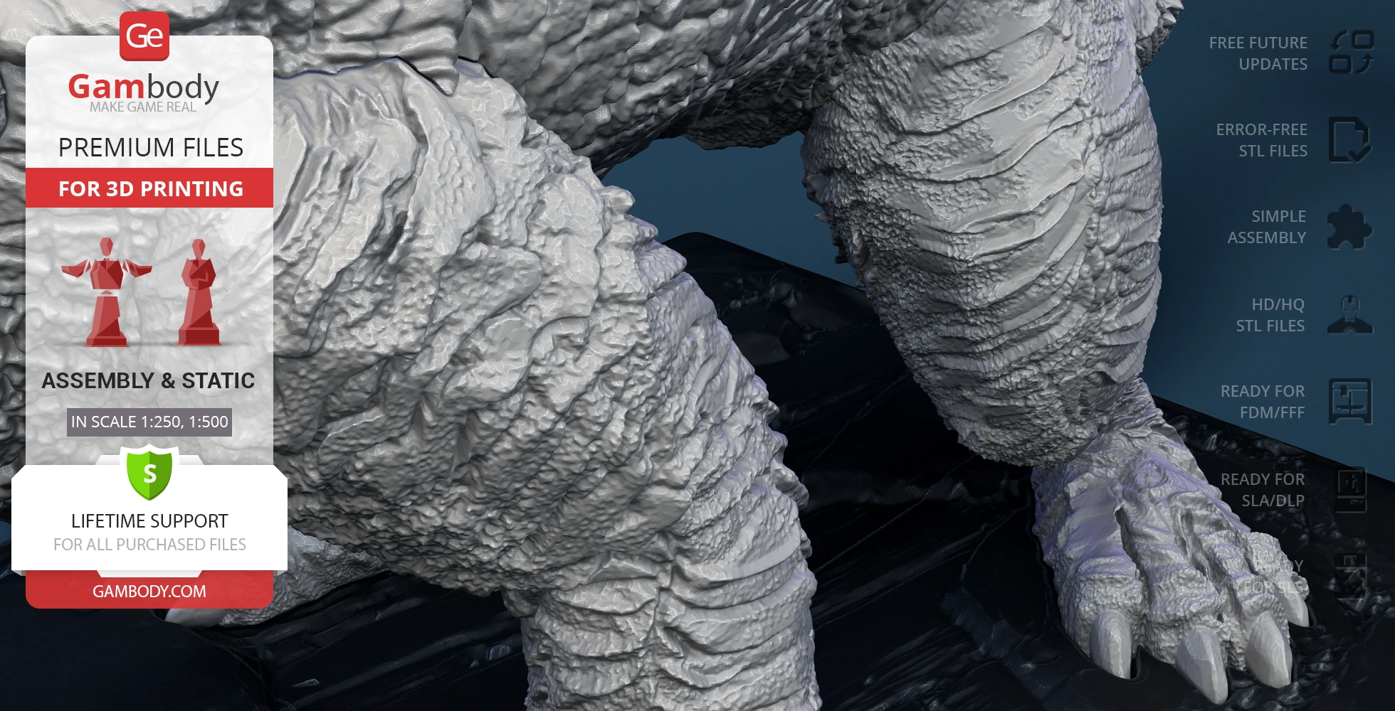 A detailed 3D model of a kaiju's textured, scaly legs and claws, designed for 3D printing.