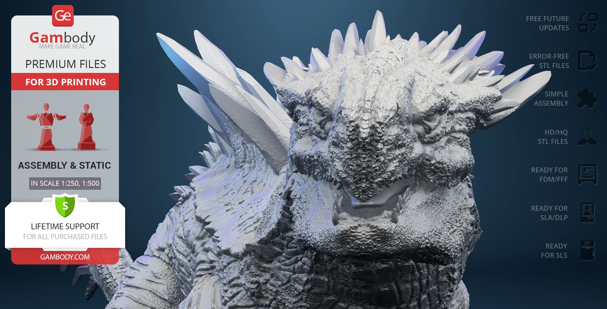 Textured 3D model of a dragon-like kaiju with sharp spikes and scales, designed for 3D printing.