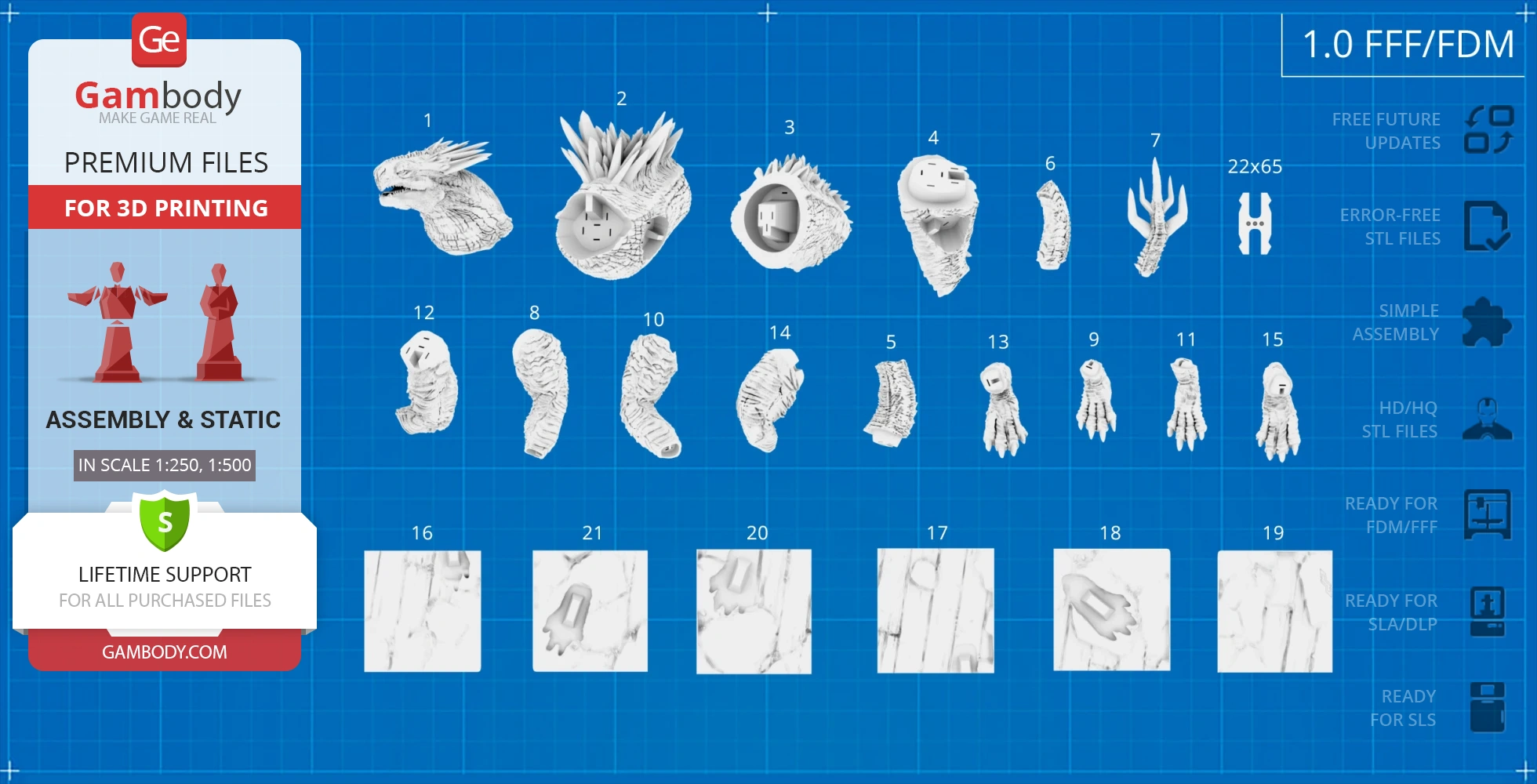 3D model parts for Shimo Kaiju on a blue background, labeled for assembly and 3D printing.