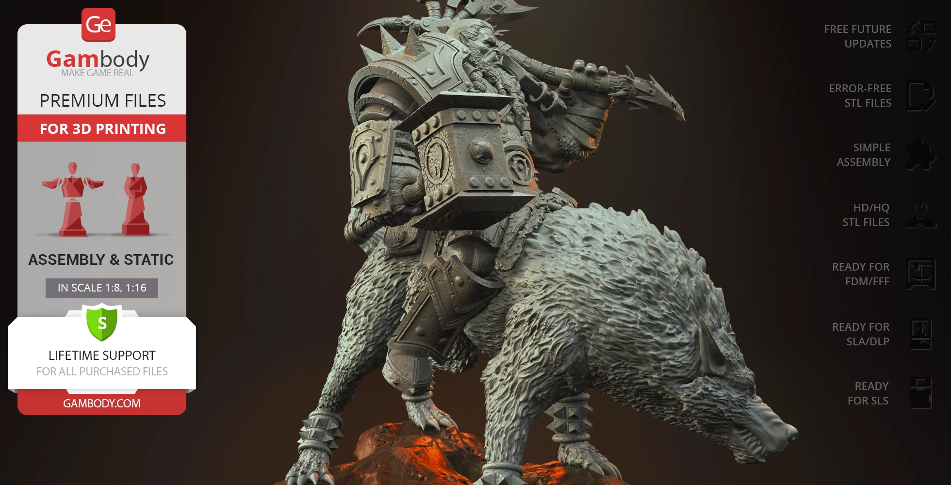 A detailed 3D model of a warrior riding a large, armored boar, designed for 3D printing.