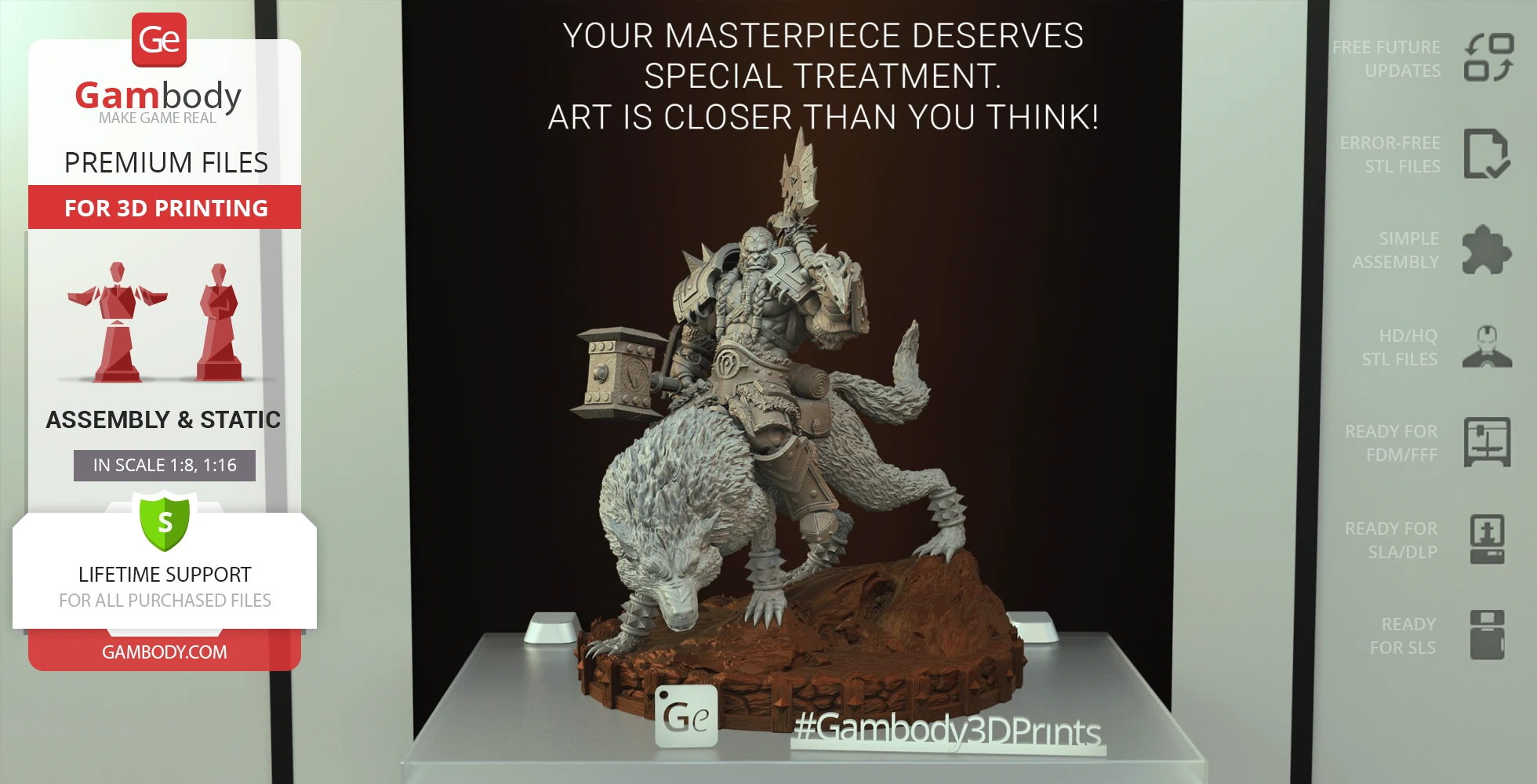 A detailed 3D model of an armored warrior on a large wolf, ready for 3D printing with premium files.