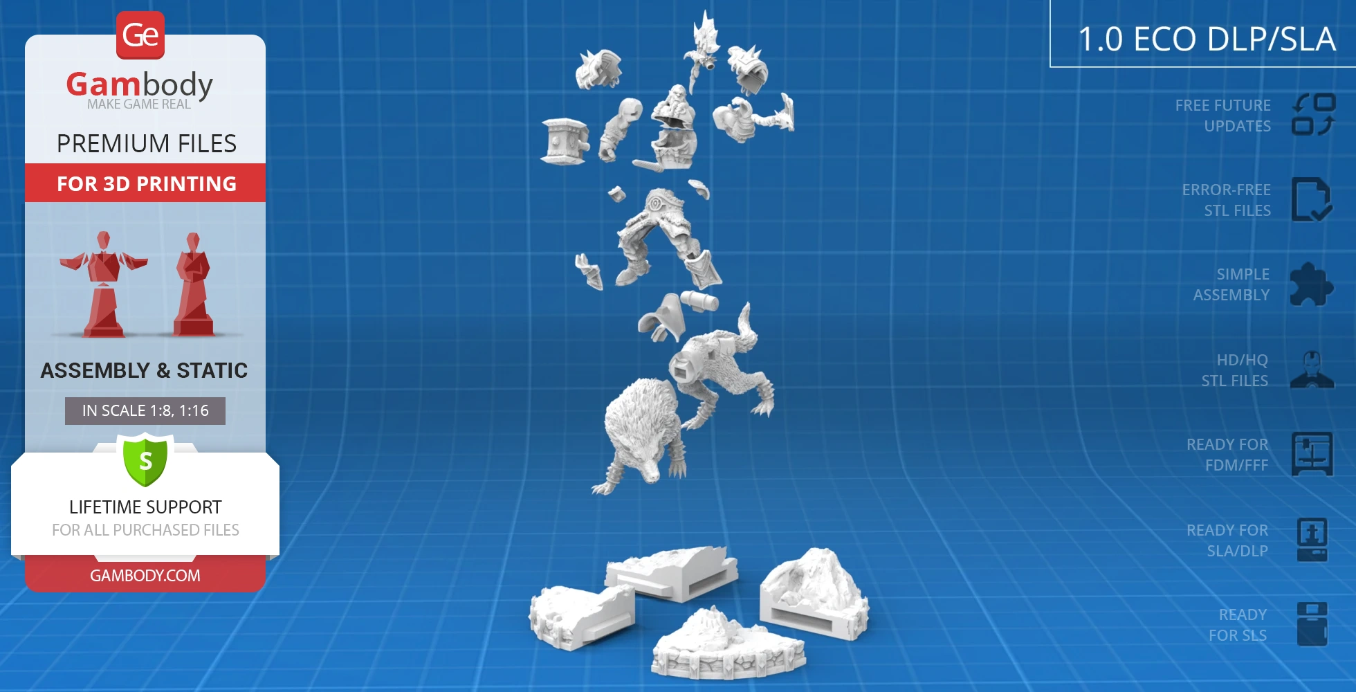 Disassembled 3D model parts of Thrall from World of Warcraft for printing, on a blue grid background.