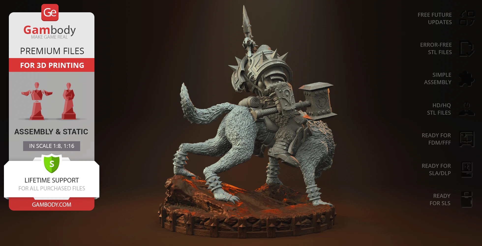A warrior in armor rides a wolf-like creature on a rocky base, ready for 3D printing.
