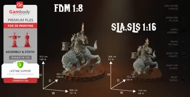 Orc warrior on a wolf mount, detailed 3D print model with size dimensions for FDM and SLA/SLS scales.