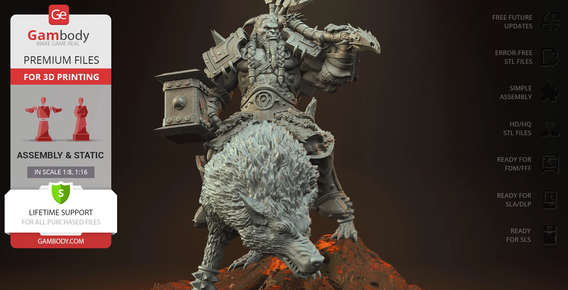 Orc warrior with hammer riding a menacing wolf, detailed 3D model for printing.