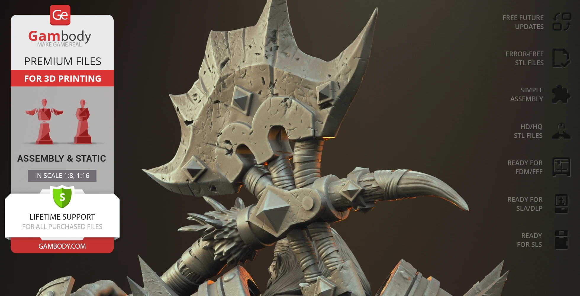 A detailed 3D model of a battle-worn orc weapon with intricate engravings, ready for 3D printing.