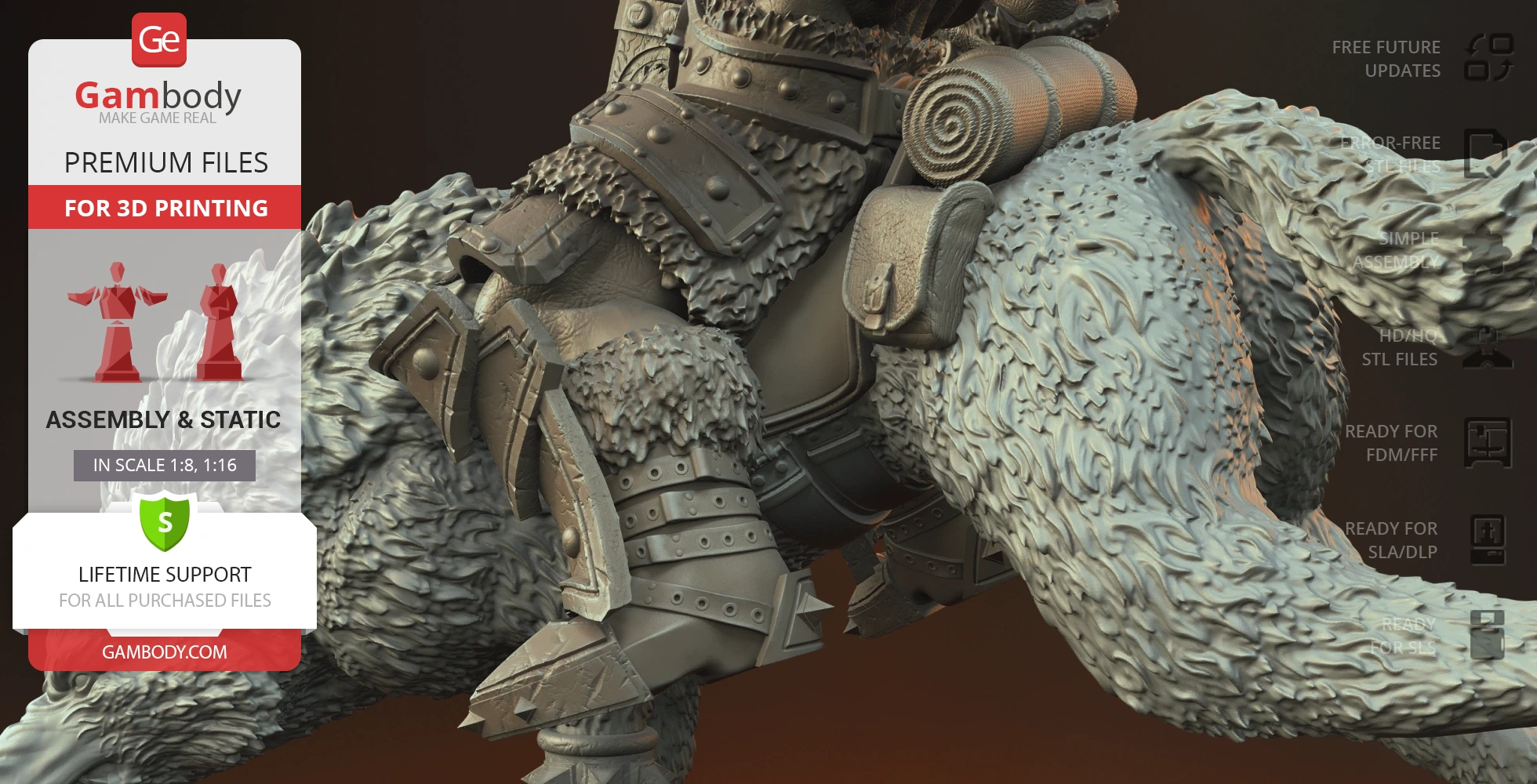 Detailed 3D model of armored legs and fur detail, ready for 3D printing.