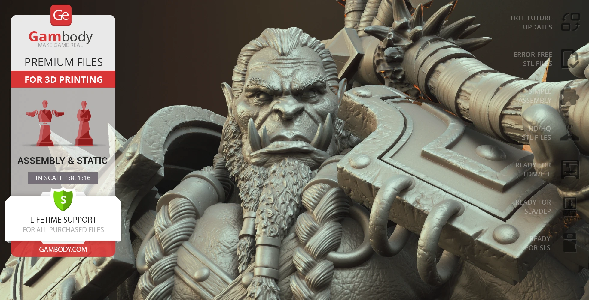 A detailed 3D model of a heavily armored orc warrior from World of Warcraft, ready for 3D printing.