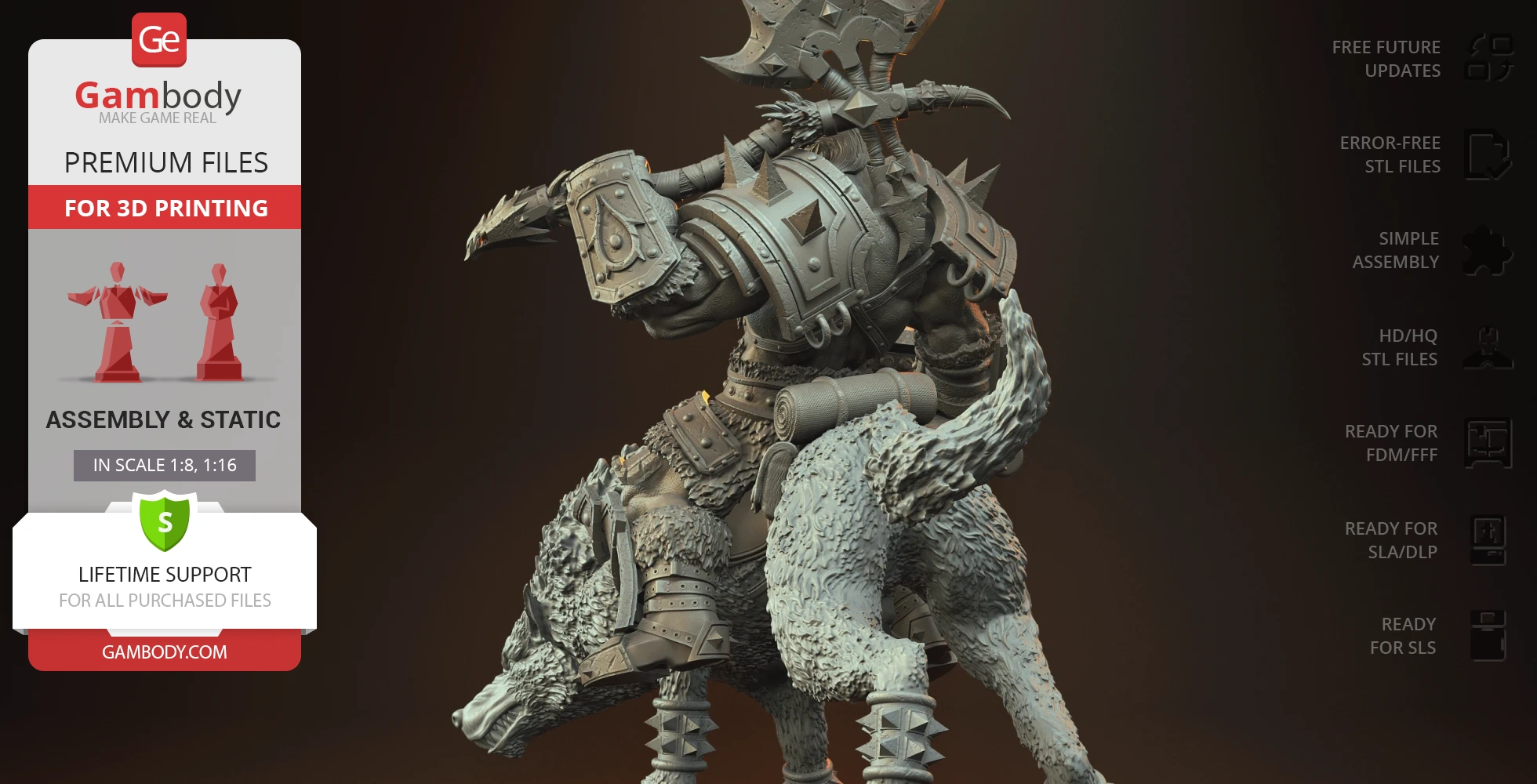 A detailed orc warrior with armor and axe riding a wolf, designed for 3D printing.