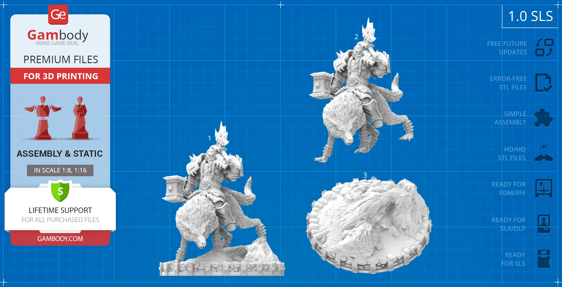 A detailed 3D model of an armored orc riding a wolf, from World of Warcraft, for 3D printing.