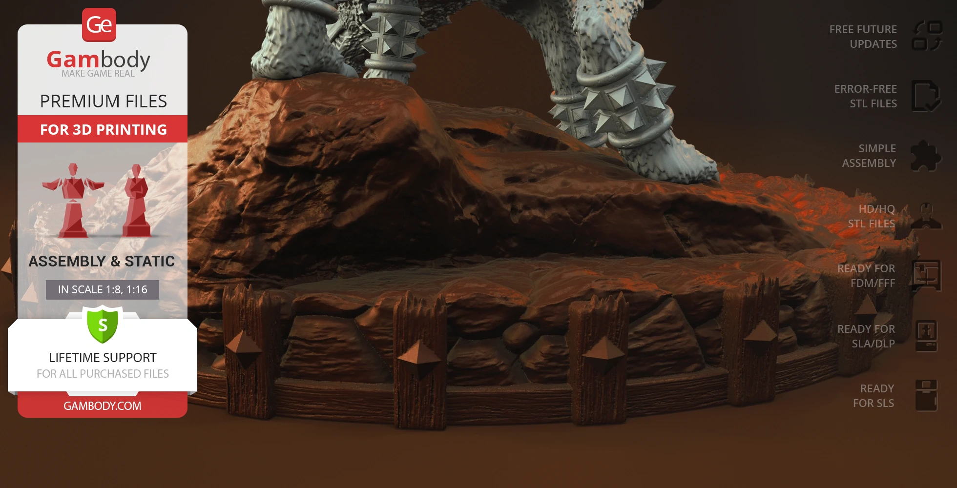 A textured 3D model base with rocky terrain and wooden barricades, designed for a fantasy character figure.