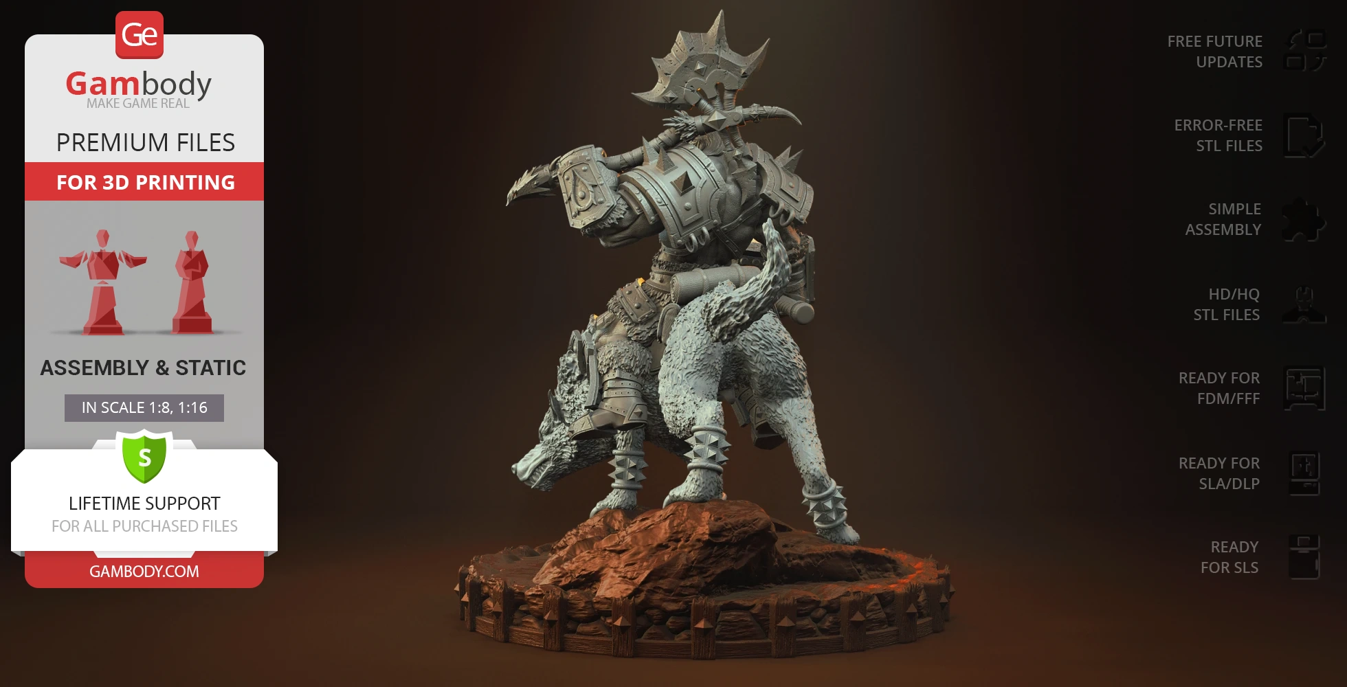 A detailed 3D model of an armored orc warrior riding a large wolf on a rocky base.