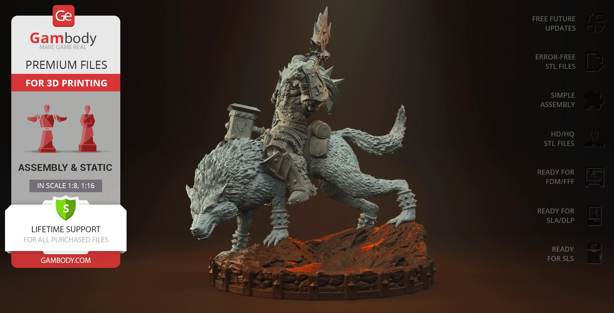 Orc warrior in armor riding a detailed wolf, set on a rocky base for 3D printing.