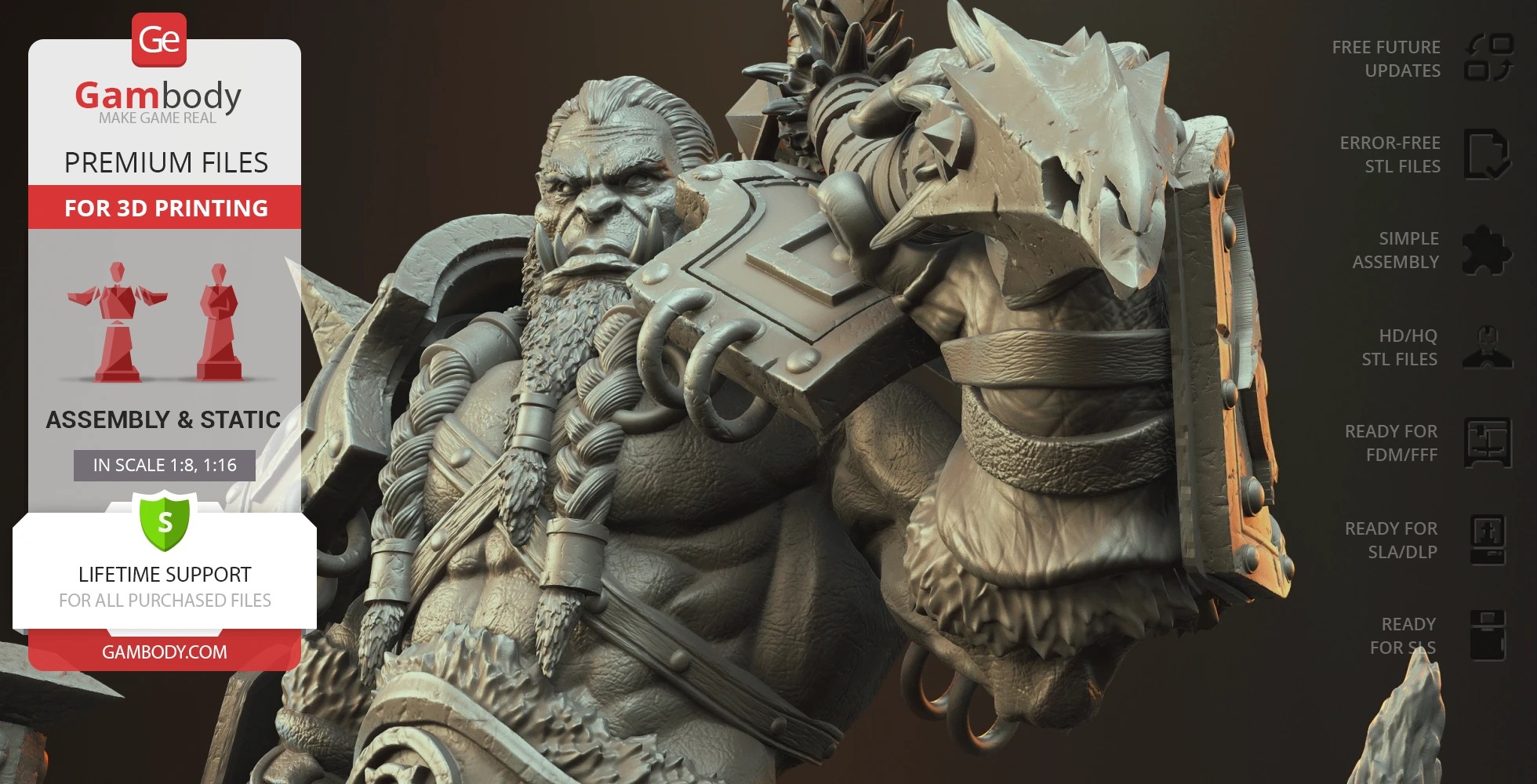 A detailed orc warrior sculpture with armor and a large hammer, designed for 3D printing.