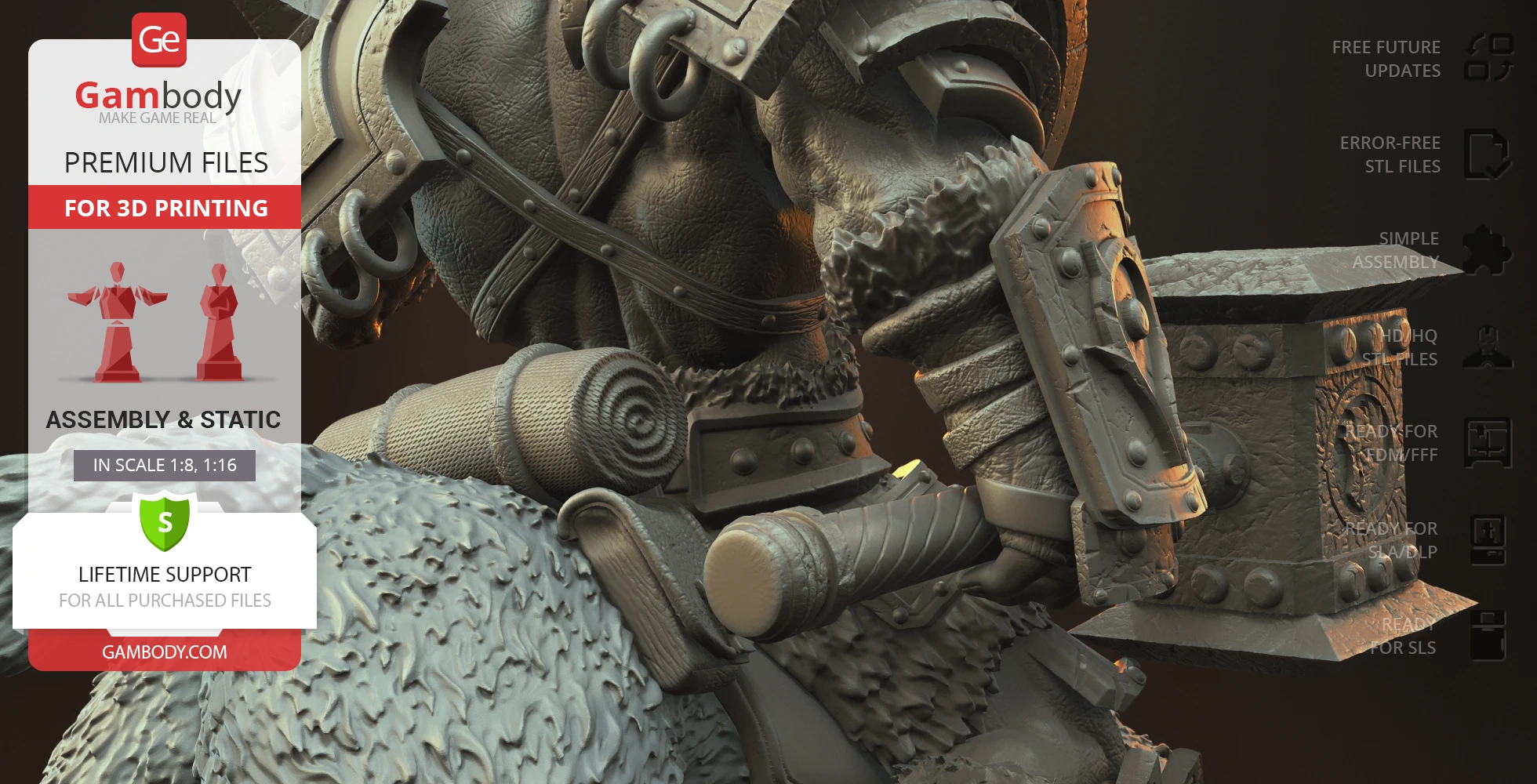 Close-up of a detailed armored figure holding a textured hammer, for 3D printing.