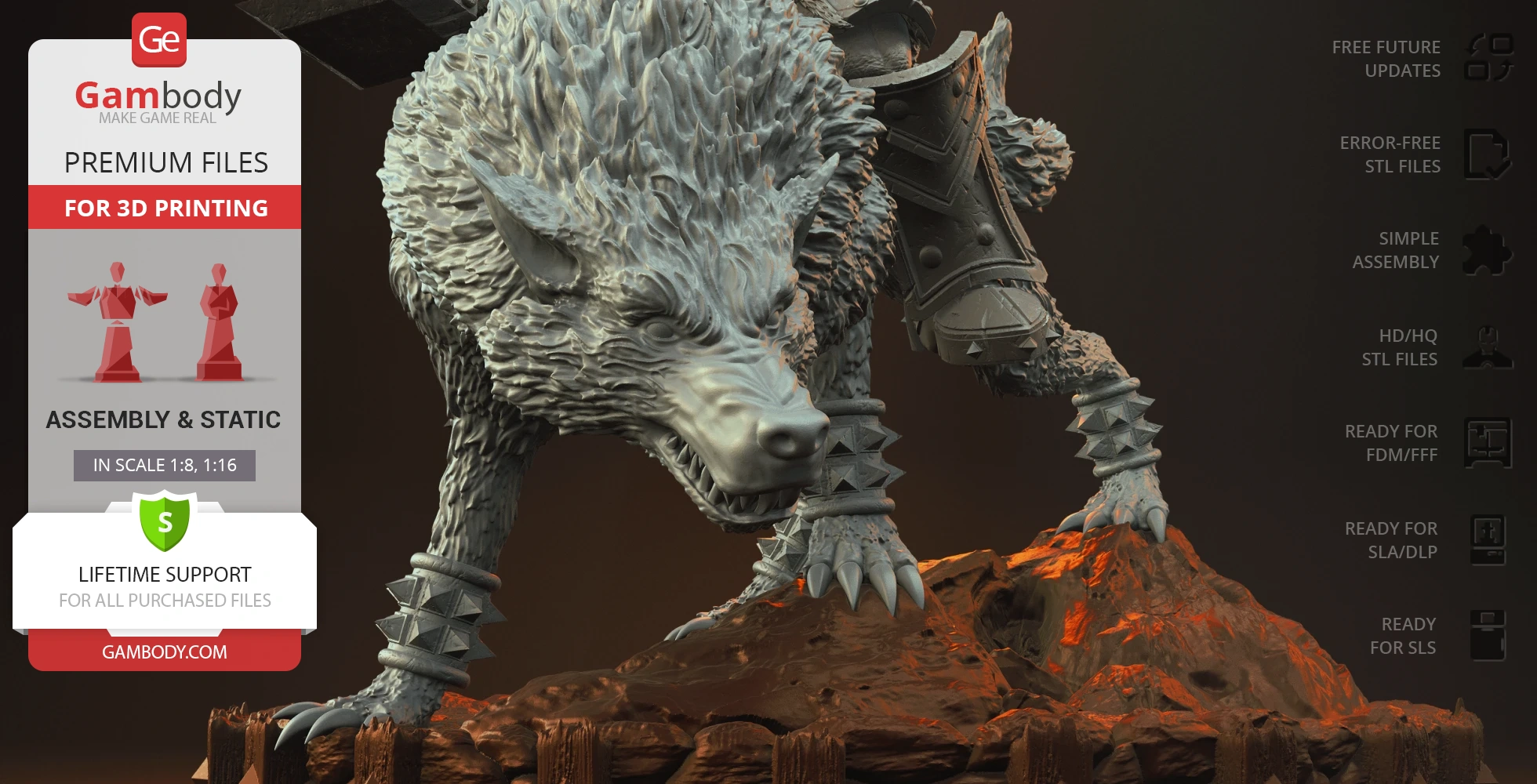 Fierce armored wolf-like creature statue on a rocky base, designed for 3D printing.