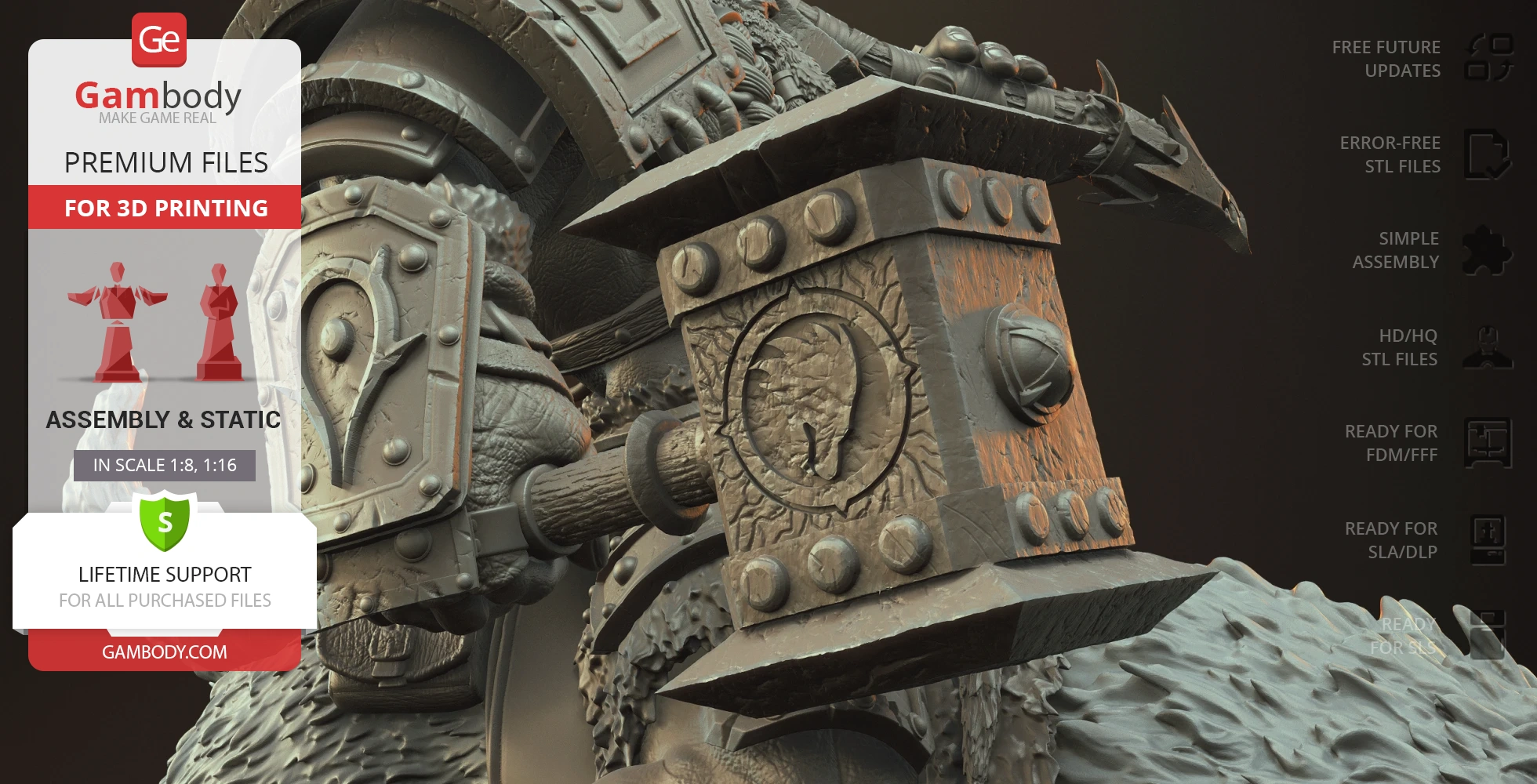Close-up of a detailed orc warrior's armor and weapon from a 3D model, designed for printing.
