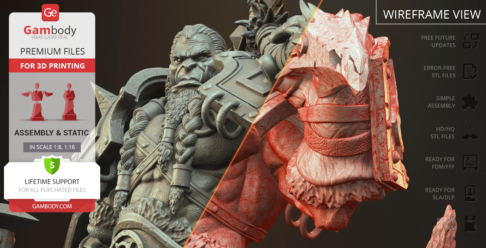 Detailed 3D model of a rugged, armored character from World of Warcraft for 3D printing.