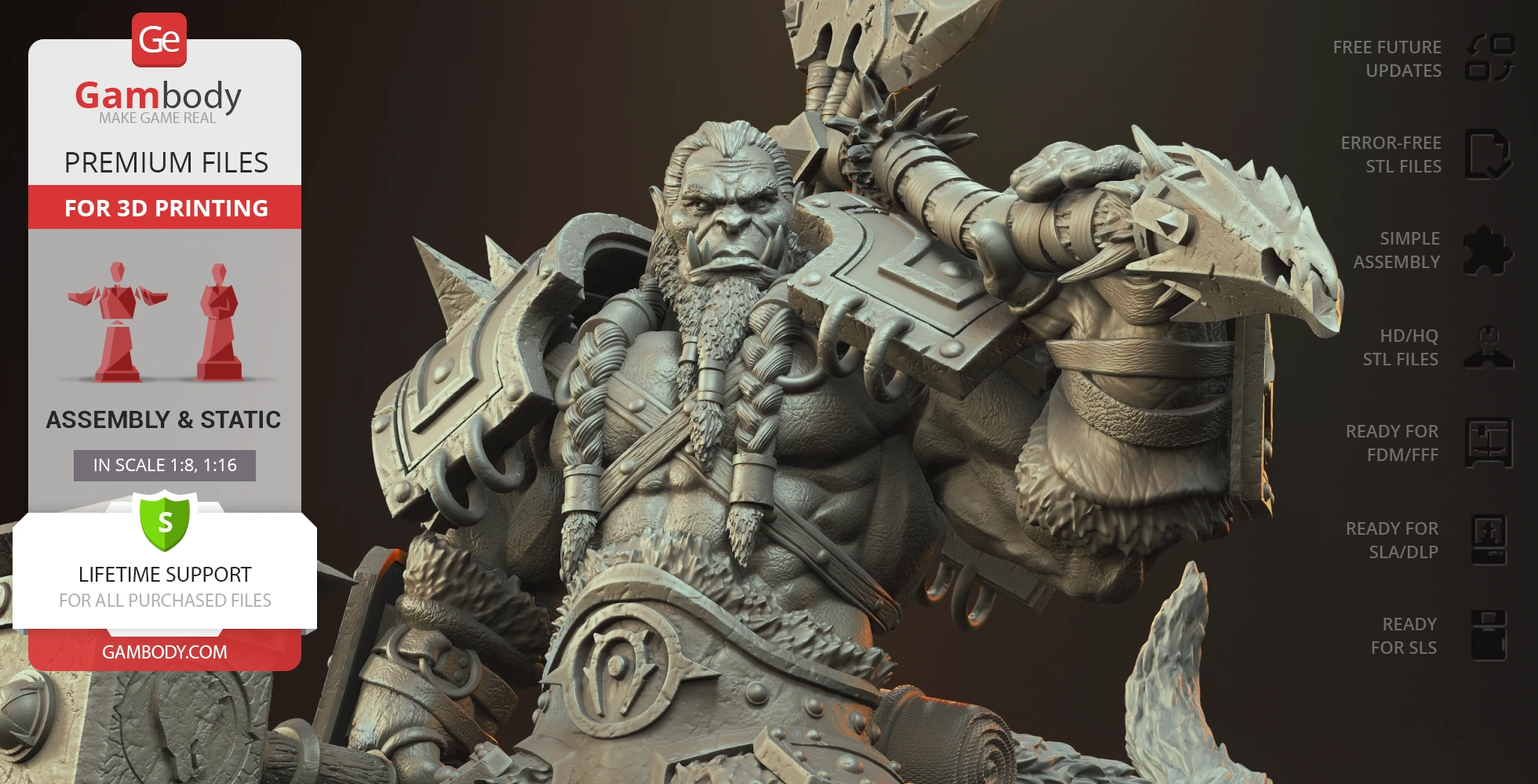 A detailed 3D Orc warrior model in armor, holding a large hammer, ready for 3D printing.