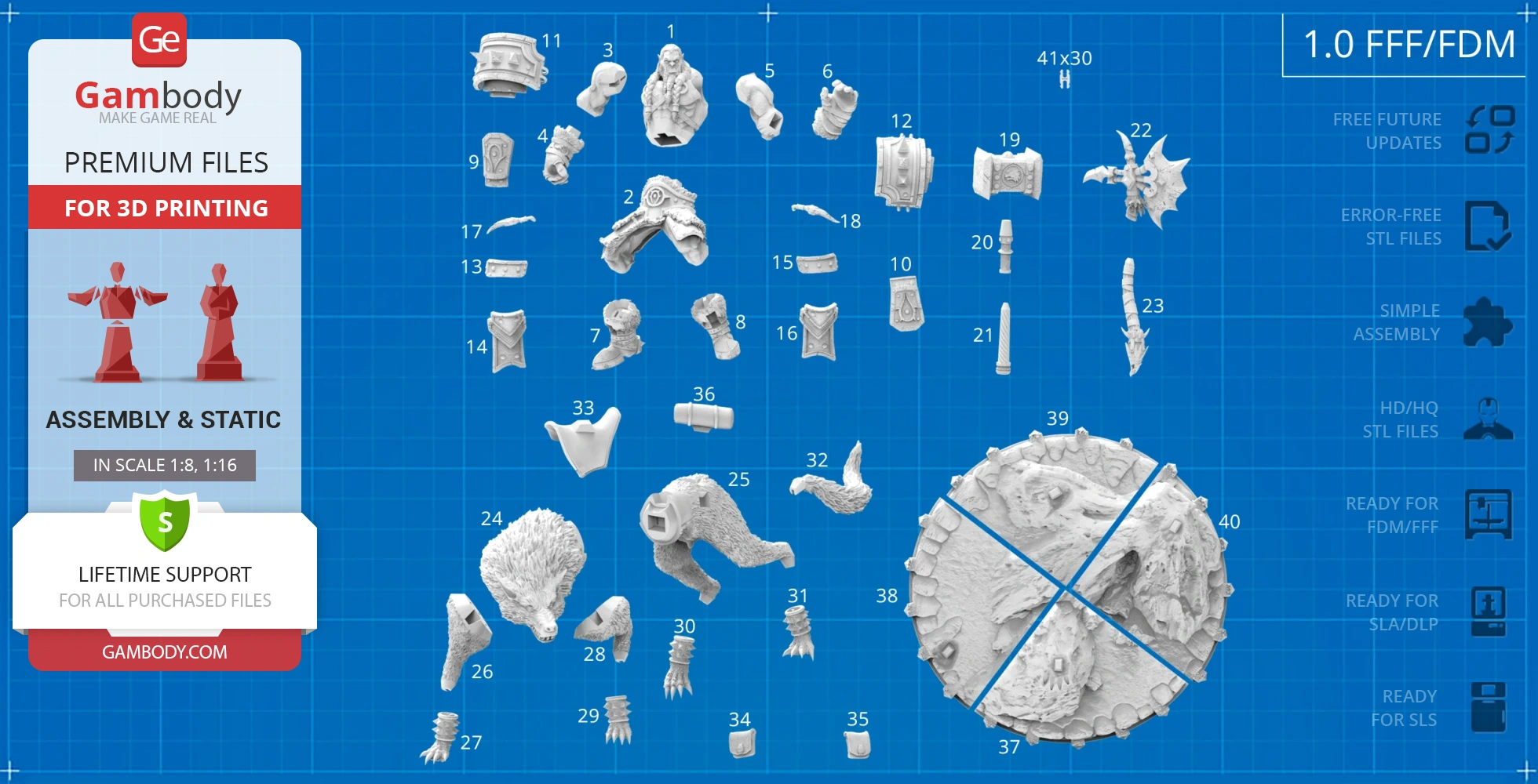Thrall 3D model parts from World of Warcraft shown for 3D printing assembly on a blueprint background.