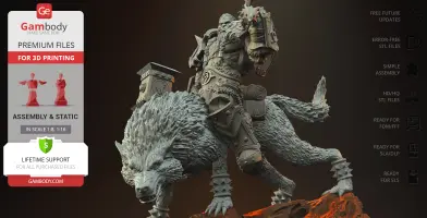 Orc warrior riding a detailed, armored warg, ready for 3D printing.