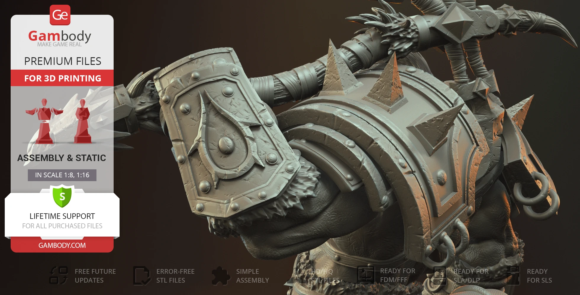 A detailed 3D model of a heavily armored character with spiked shoulder pads and a large weapon.