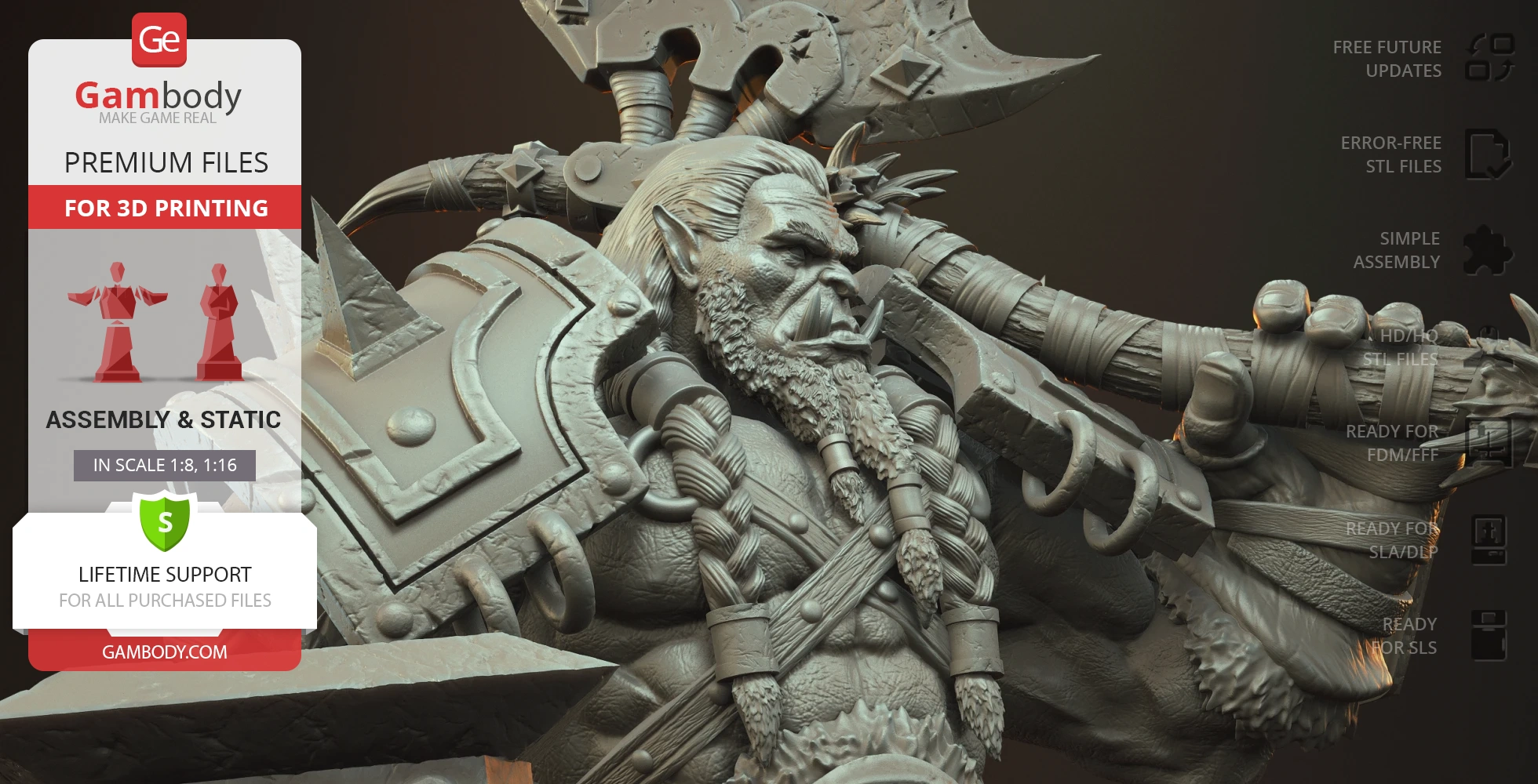 A detailed 3D model of an orc warrior with intricate armor and weapon, prepared for 3D printing.