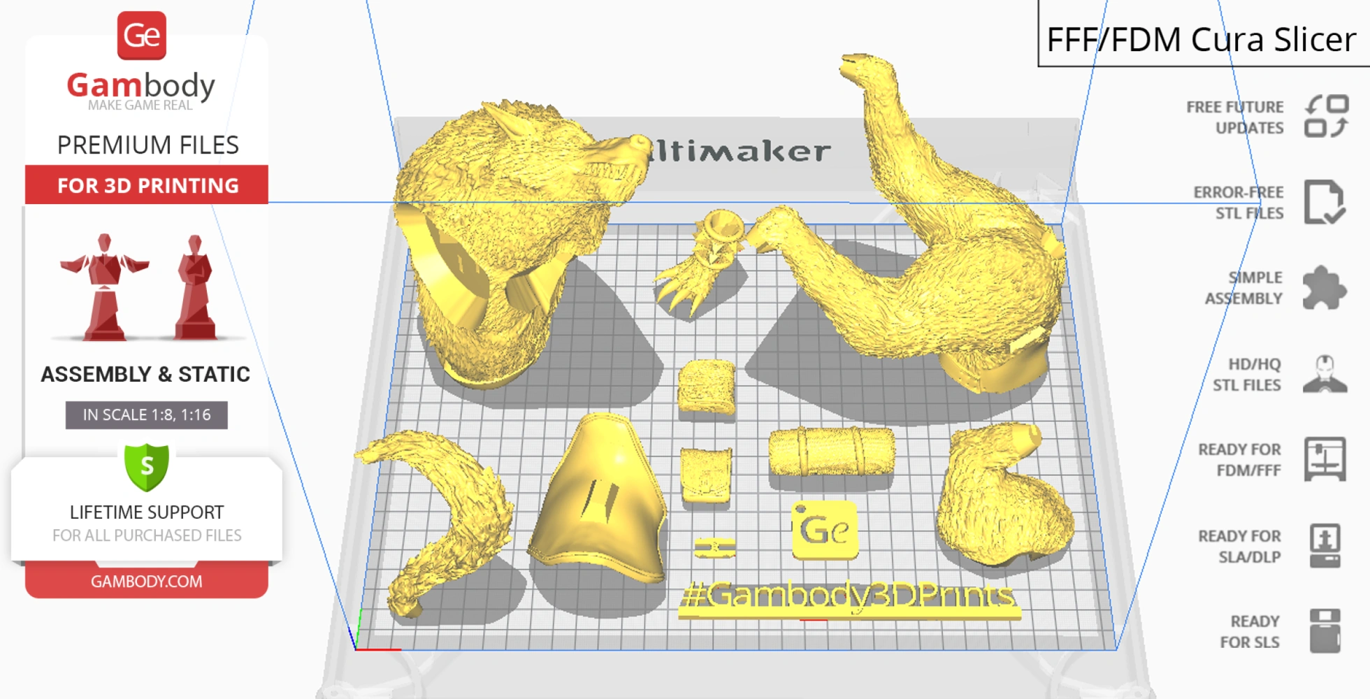 Disassembled 3D model pieces for printing, including a head, arms, and armor, laid out on a grid.