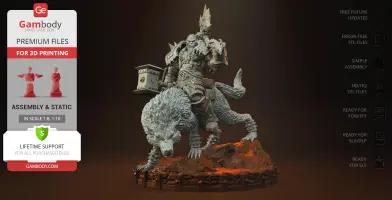 Orc warrior in armor riding a fierce wolf, holding a detailed hammer, on a rocky base.