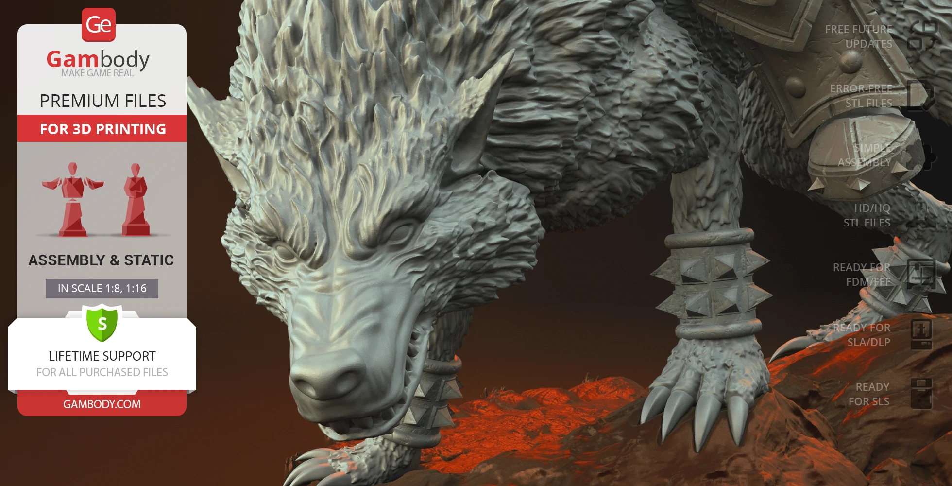 A 3D model of a fierce creature with a wolf-like head and spiked armor, on a rocky red terrain.
