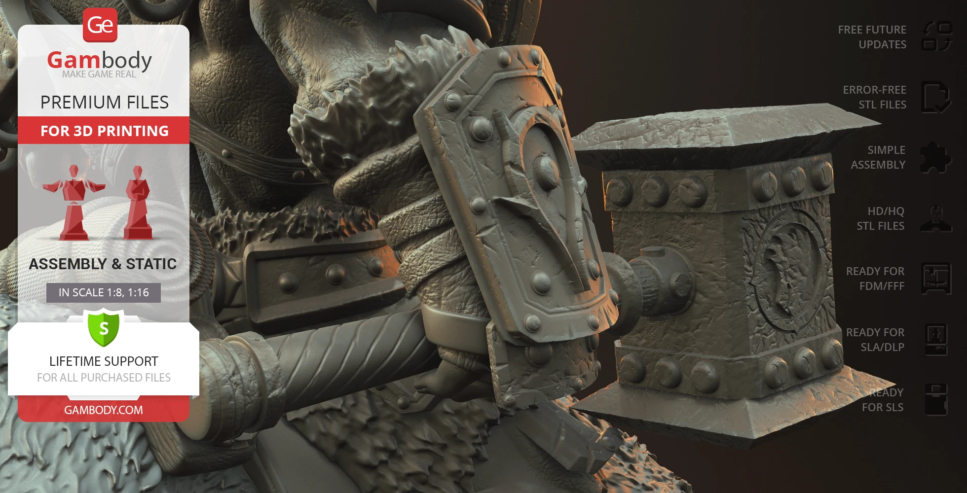 A detailed 3D model showcases an armored figure holding a large hammer, designed for 3D printing.